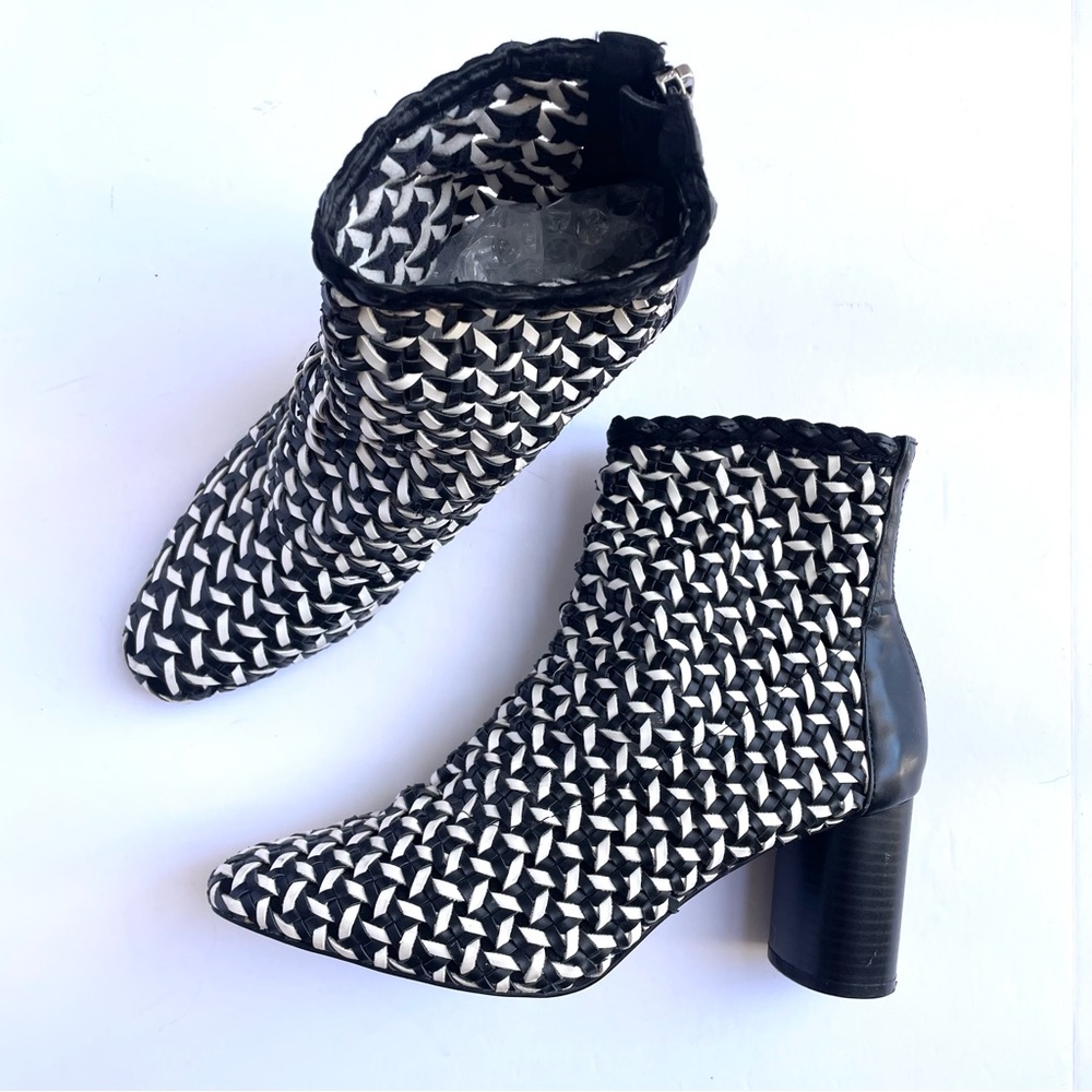 Zara Black and White Leather Woven Ankle‎ Heeled Boots